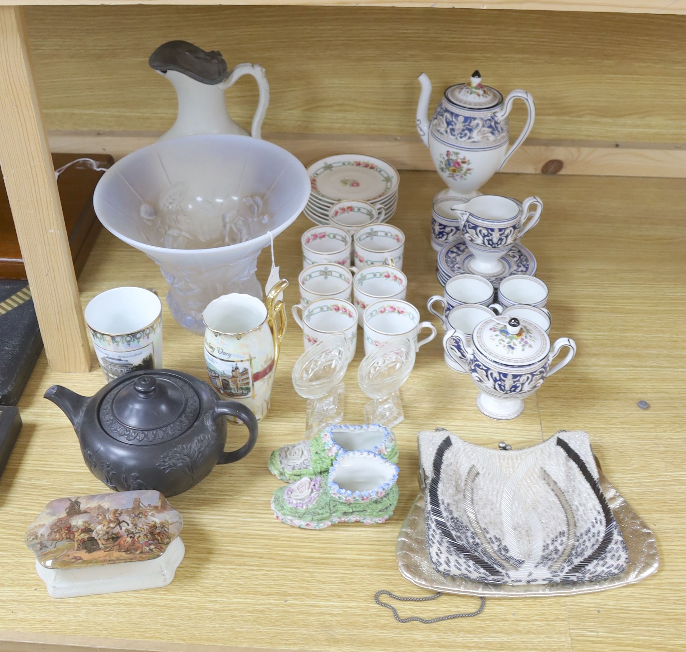 A Barolac opalescent glass vase, a Wedgwood black basalt teapot, Wedgwood and Spode coffee wares, etc.